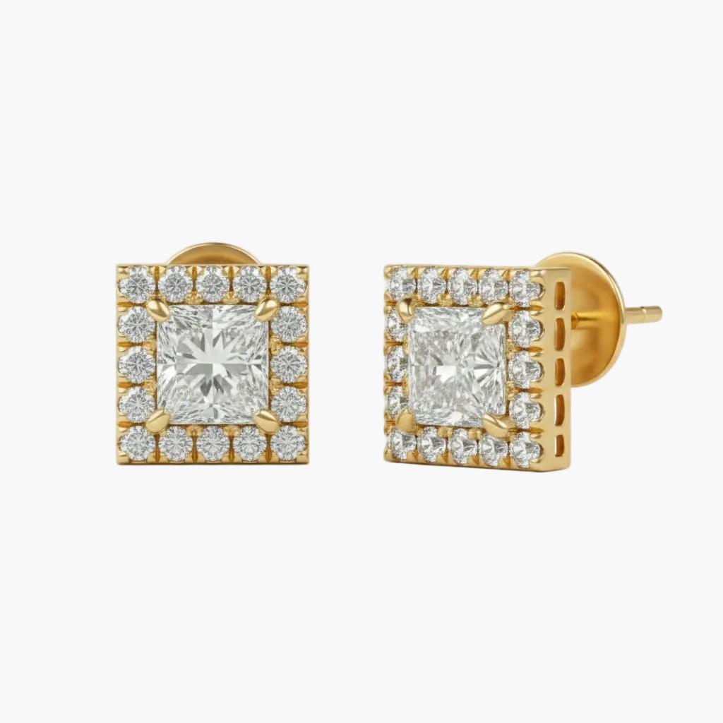 Gold square-shaped earrings with clear gemstones on a white background