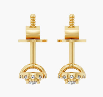 Gold earrings with diamond accents on a white background