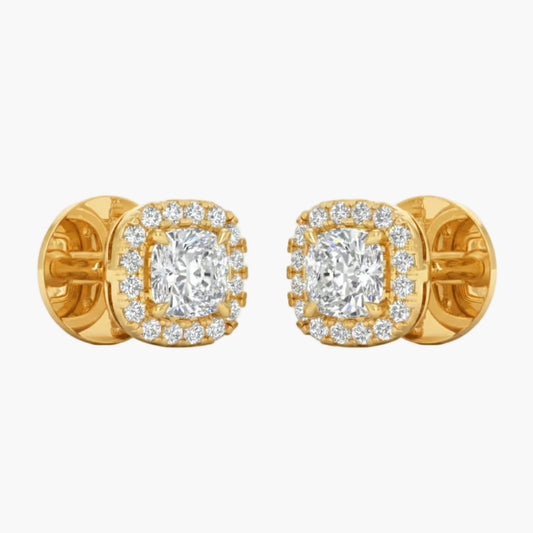 Gold earrings with diamond accents on a light gray background