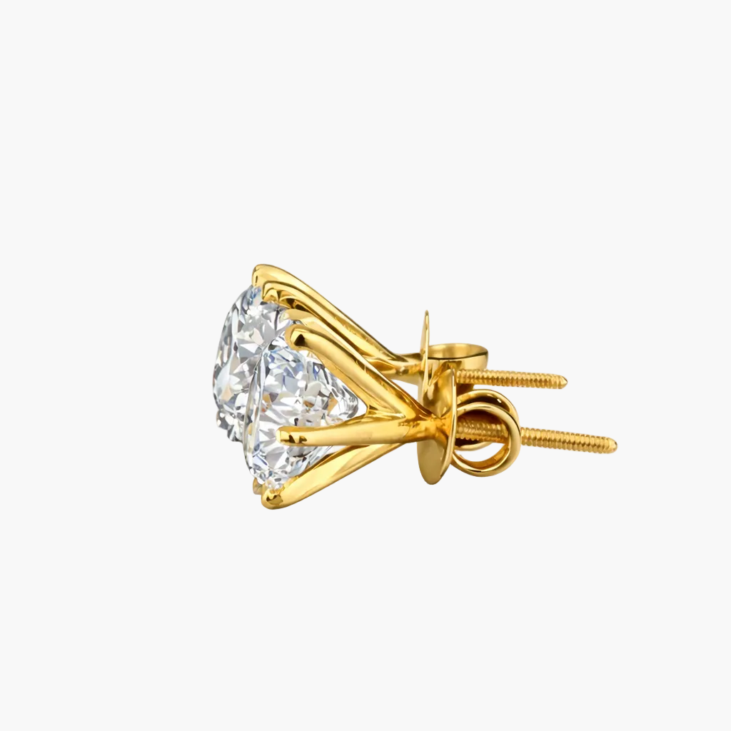 Gold earrings with clear gemstones on a white background