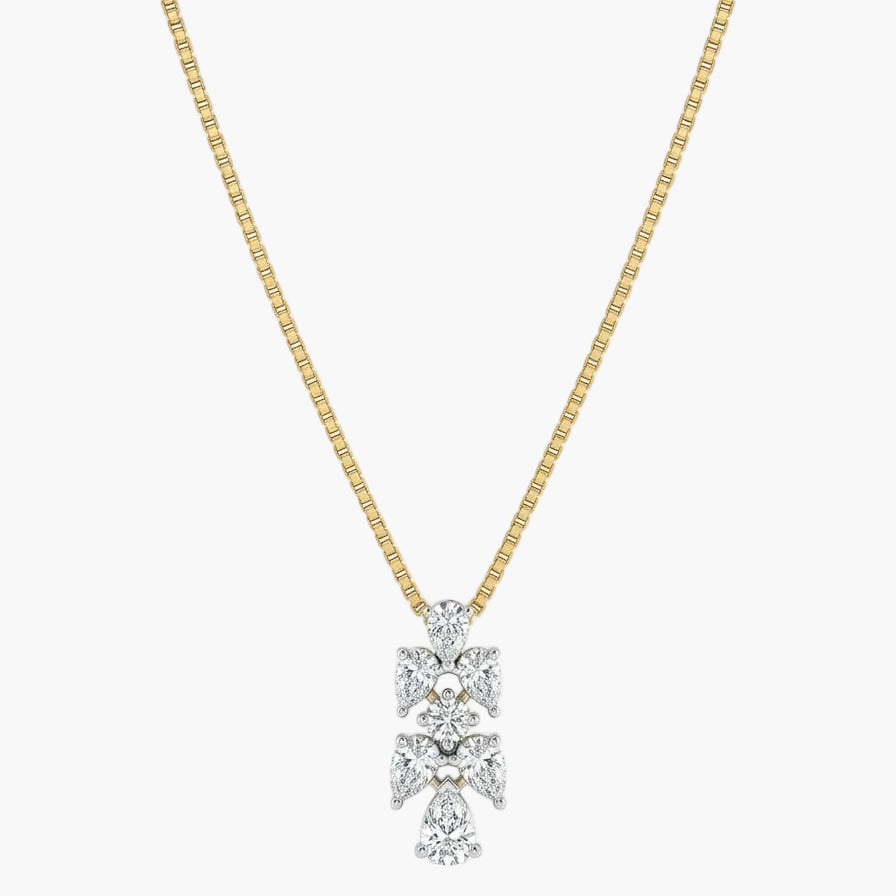 Gold necklace with a diamond pendant on a white background