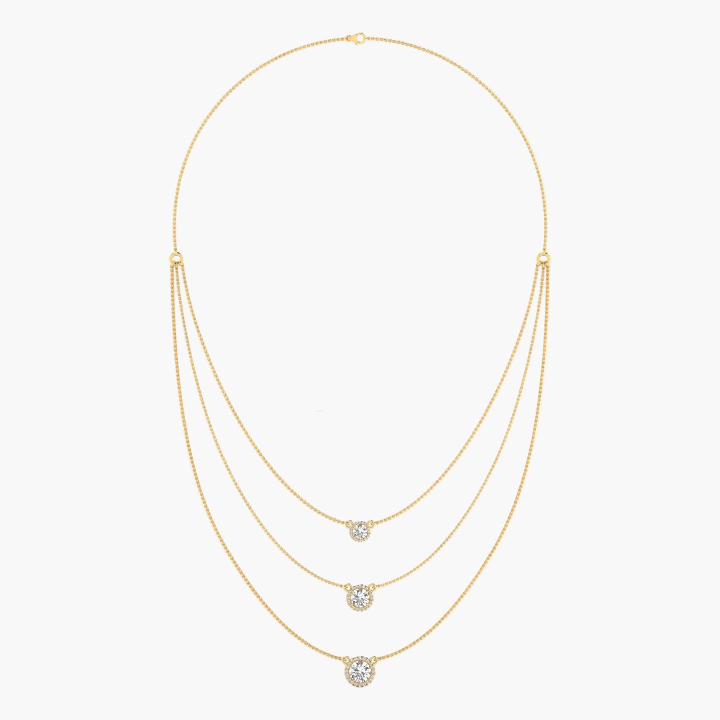 Gold necklace with three diamond pendants on a white background, branded 'Green Lab'.