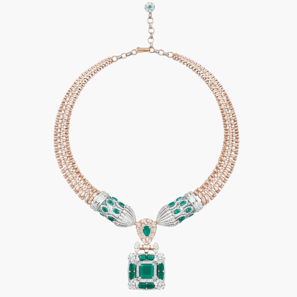 Emerald Peacock Mesh Collar Diamond Necklace