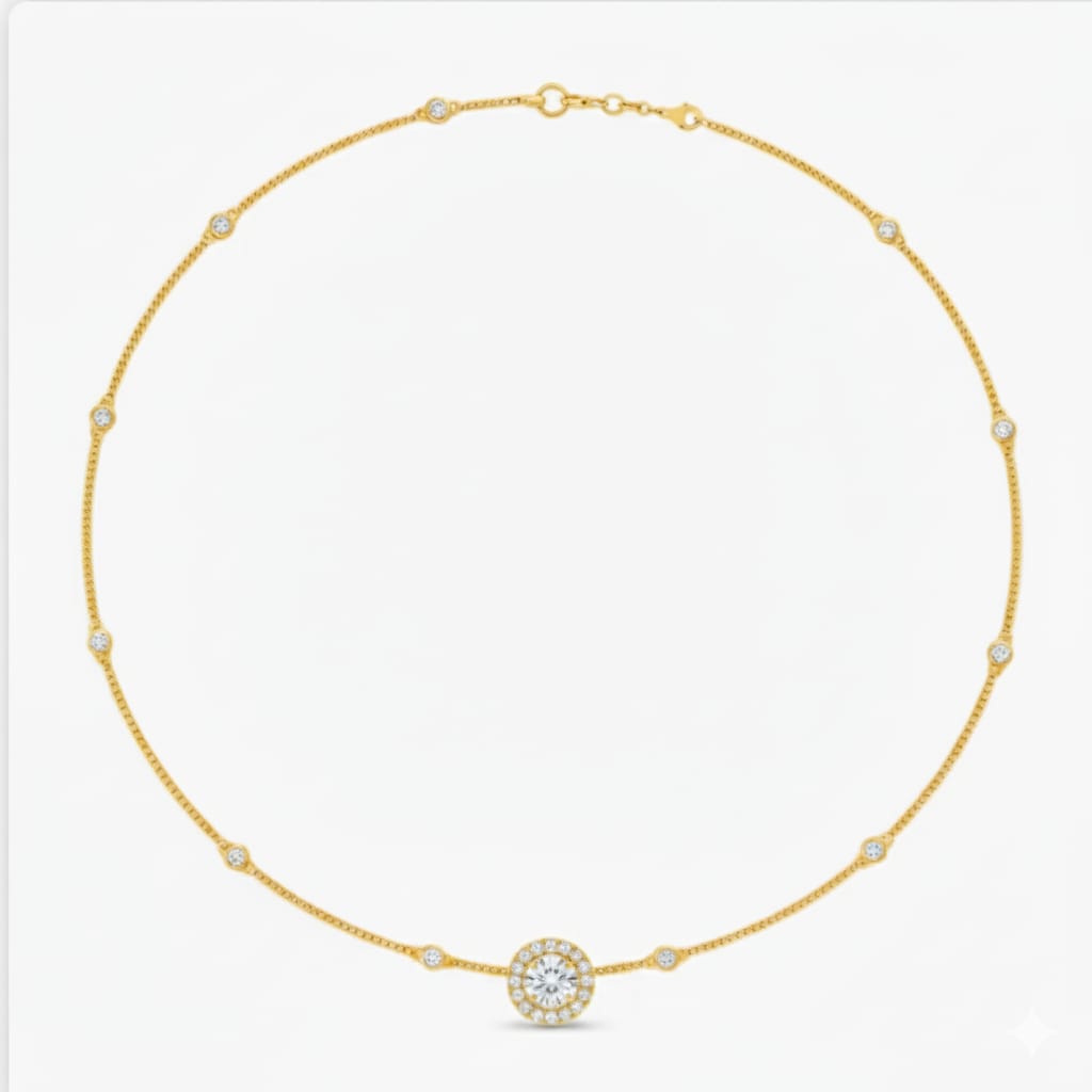 Gold necklace with a central round pendant on a white background