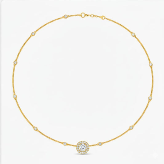 Gold necklace with a central round pendant on a white background
