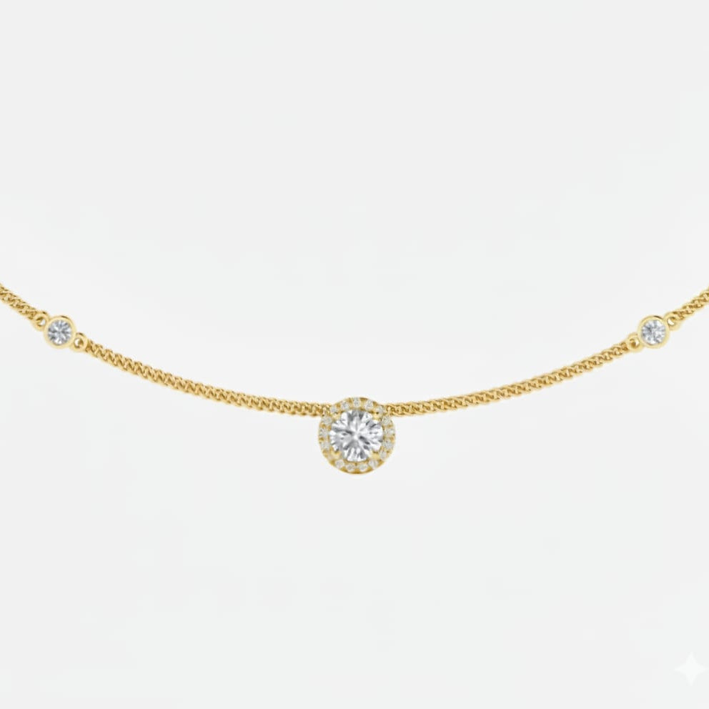 Gold necklace with a round diamond pendant on a white background
