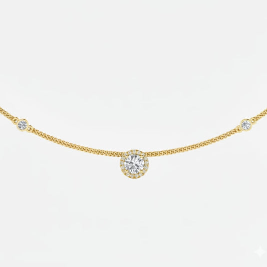Gold necklace with a round diamond pendant on a white background