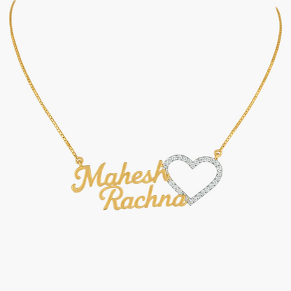 Gold necklace with 'Mahesh' and 'Rachna' on a heart-shaped pendant against a white background