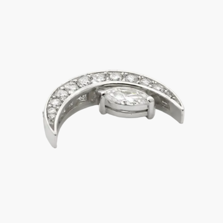 Silver necklace with a crescent-shaped pendant on a white background
