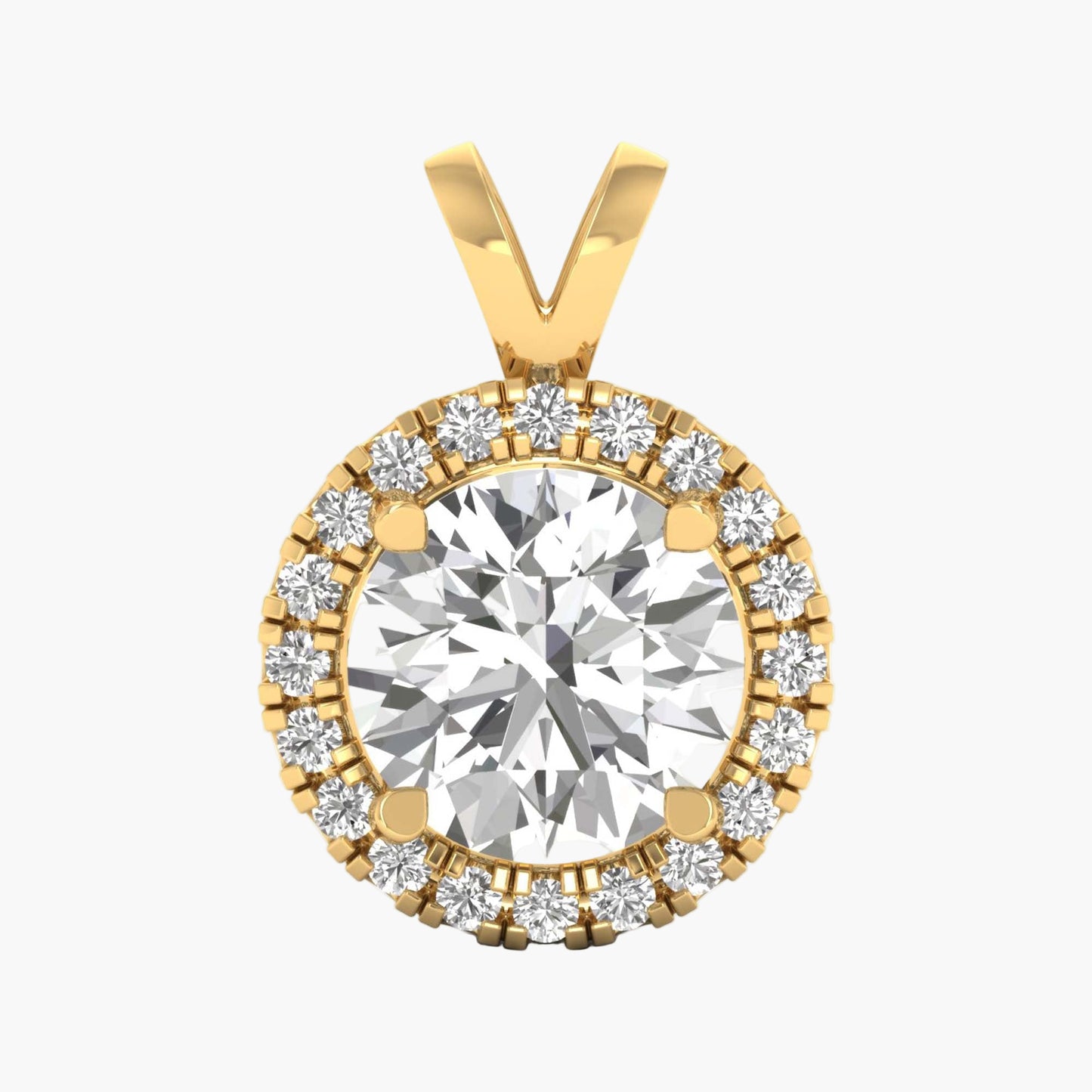 Gold pendant with a large central diamond and smaller diamonds around on a white background
