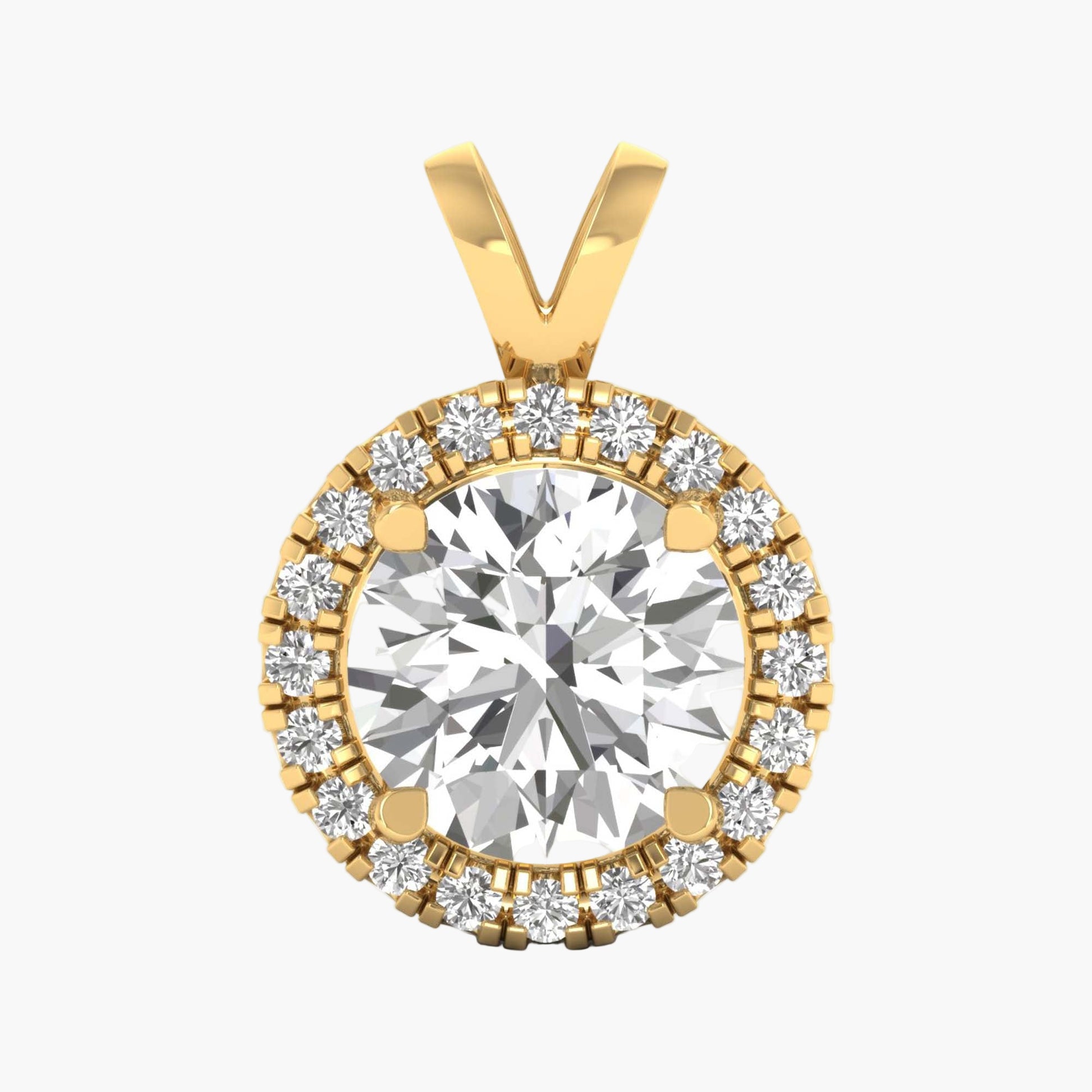 Gold pendant with a large central diamond and smaller diamonds around on a white background