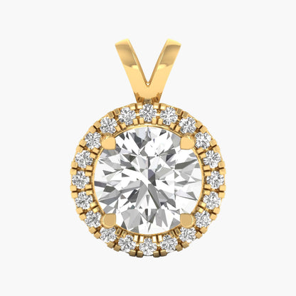Gold pendant with a large central diamond and smaller diamonds around on a white background