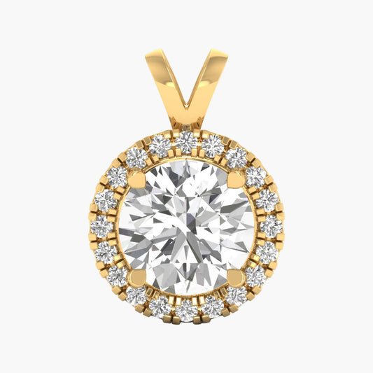 Gold pendant with a large central diamond and smaller diamonds around on a white background