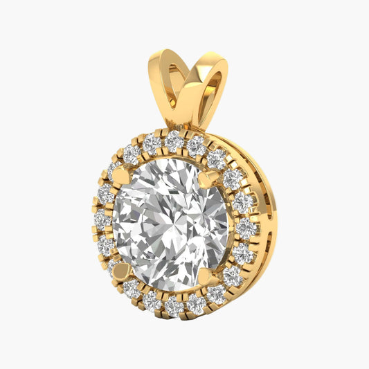 Gold pendant with a large central gemstone and smaller stones around it on a white background