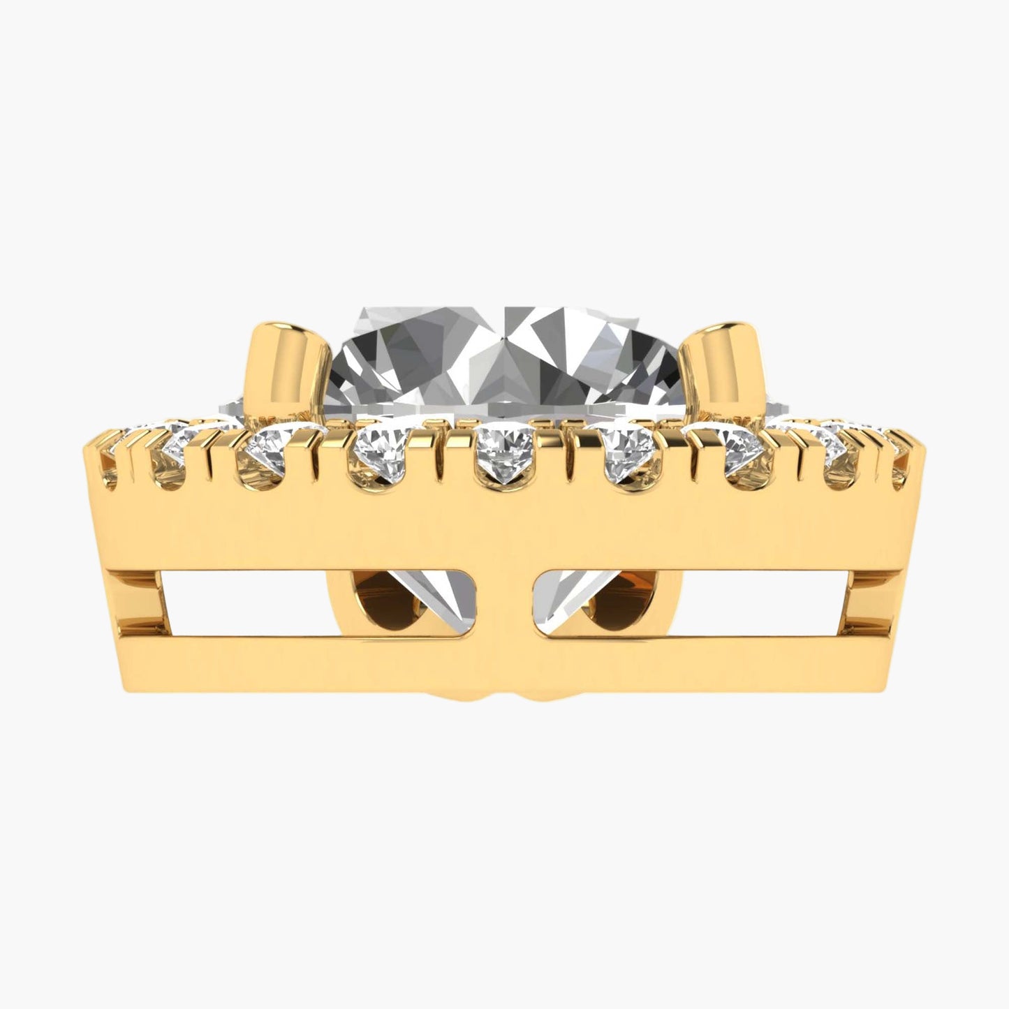 Gold ring with a large central gemstone and smaller stones on a white background