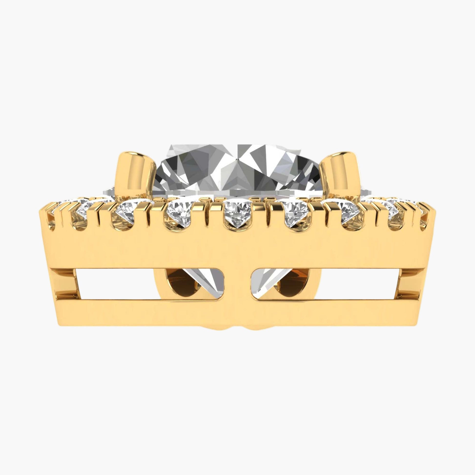 Gold ring with a large central gemstone and smaller stones on a white background