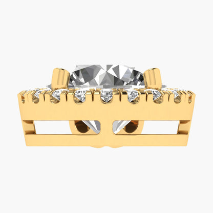 Gold ring with a large central gemstone and smaller stones on a white background