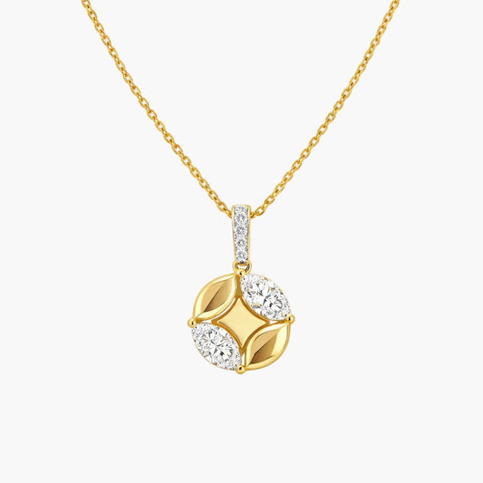 Gold necklace with a diamond pendant on a white background