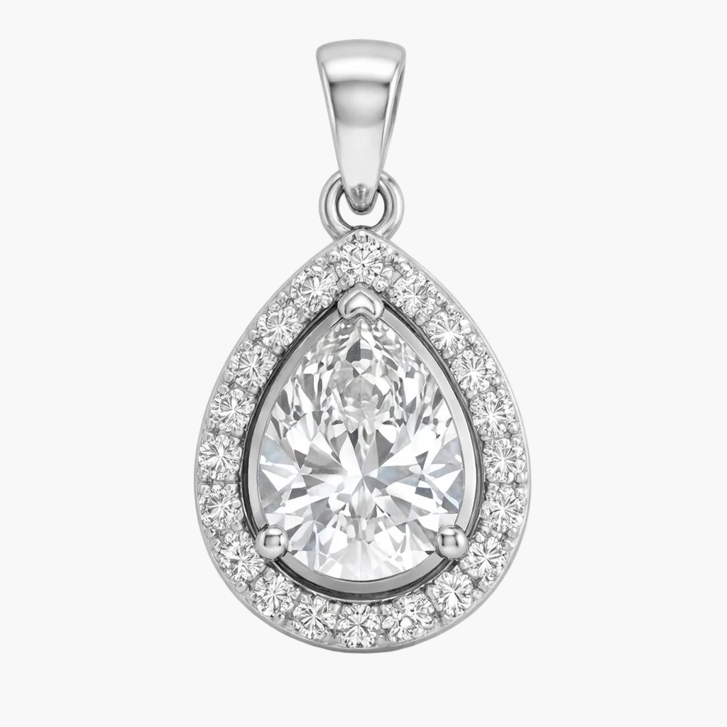 Teardrop-shaped diamond pendant on a white background