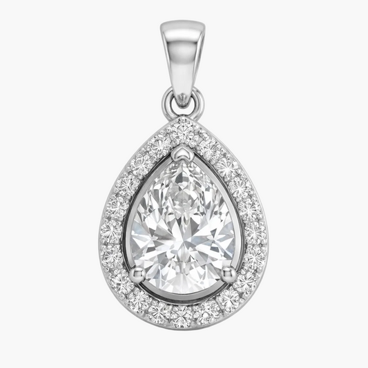 Teardrop-shaped diamond pendant on a white background
