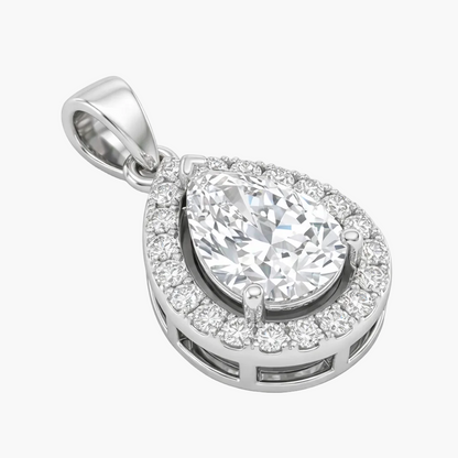 Silver teardrop-shaped pendant with a large central gemstone and smaller stones around on a white background