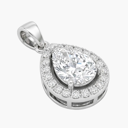 Silver teardrop-shaped pendant with a large central gemstone and smaller stones around on a white background