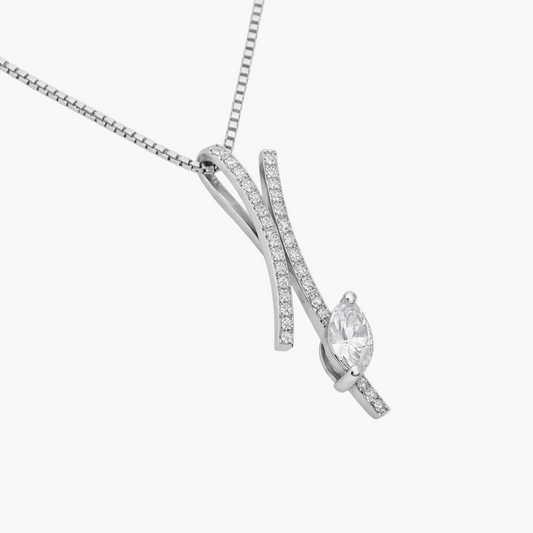 Silver necklace with a marquise-shaped pendant on a white background