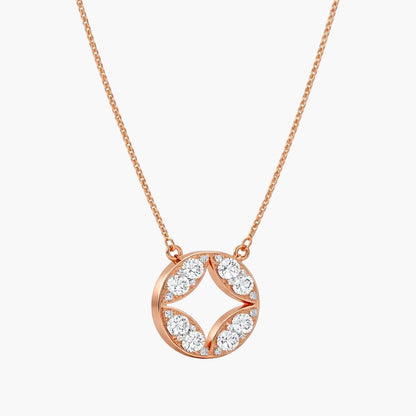 Rose gold necklace with a circular pendant on a white background