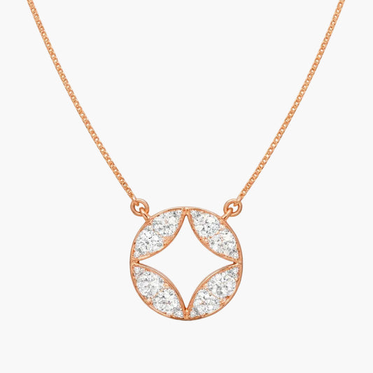 Rose gold necklace with a circular pendant on a white background
