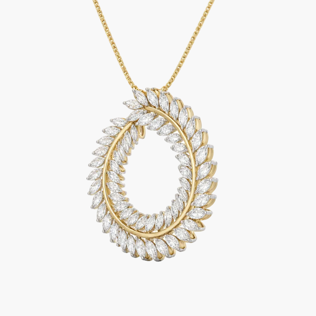 Gold necklace with a circular diamond pendant on a white background