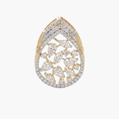 Gold and diamond teardrop-shaped ring on a white background