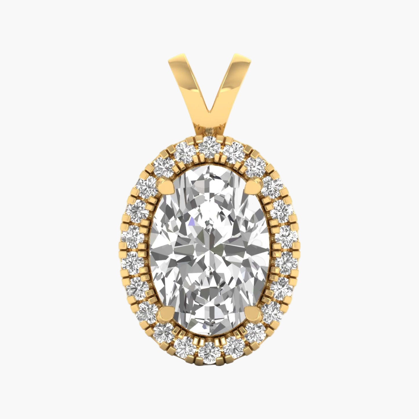 Gold pendant with a large central gemstone and smaller stones around it on a white background
