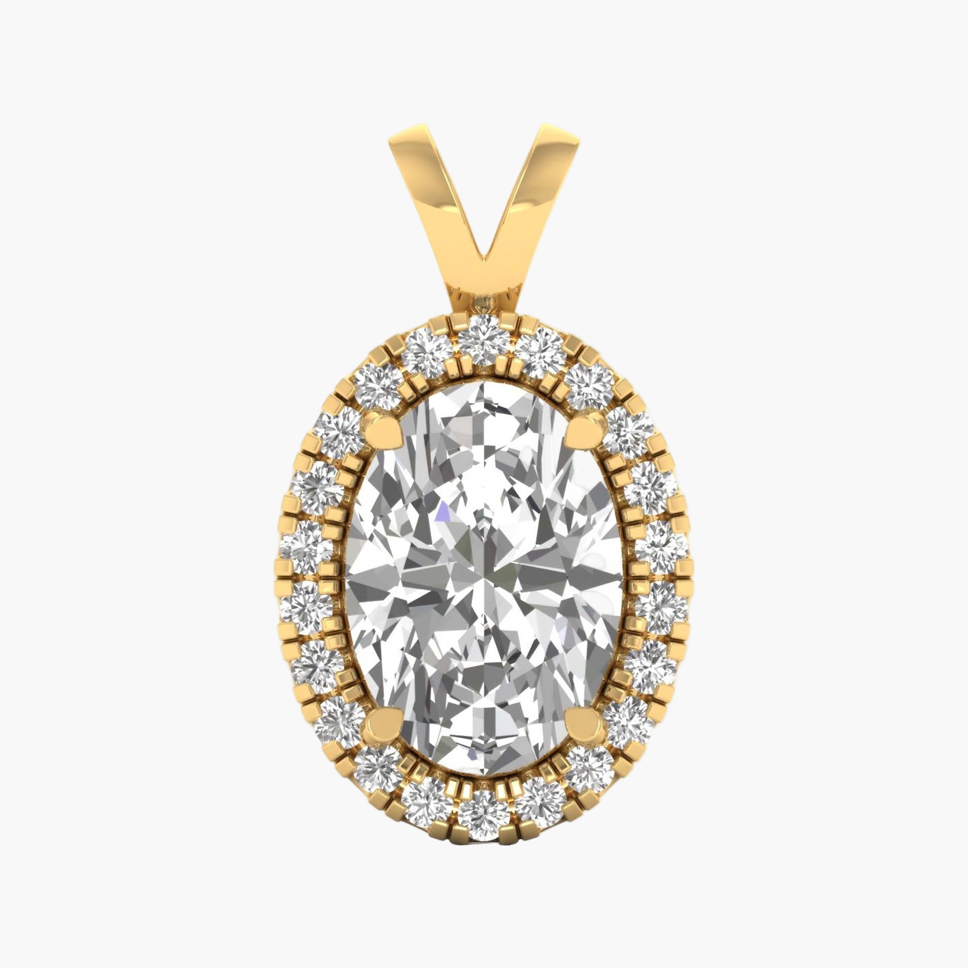 Gold pendant with a large central gemstone and smaller stones around it on a white background