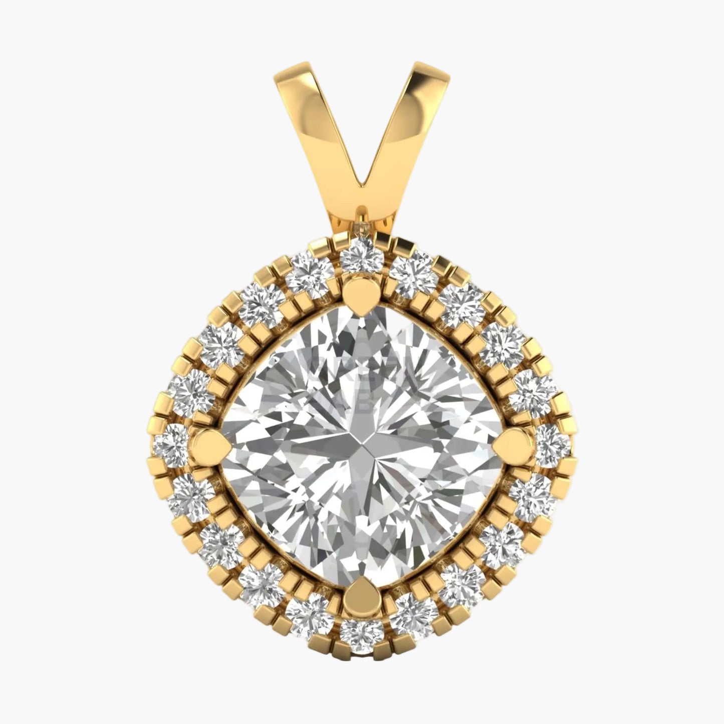 Gold pendant with a large central diamond and smaller diamonds around on a white background