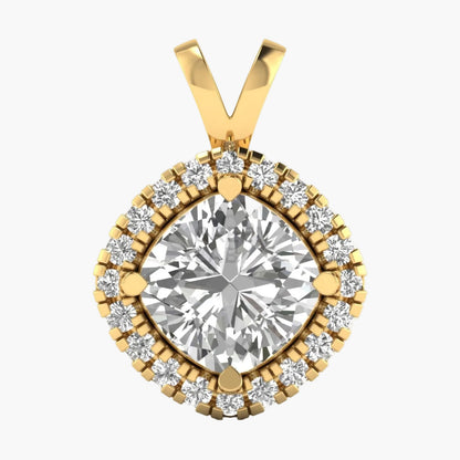Gold pendant with a large central diamond and smaller diamonds around on a white background