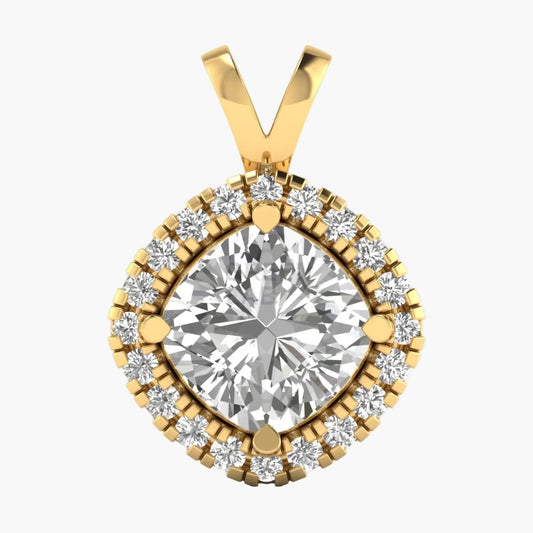 Gold pendant with a large central diamond and smaller diamonds around on a white background