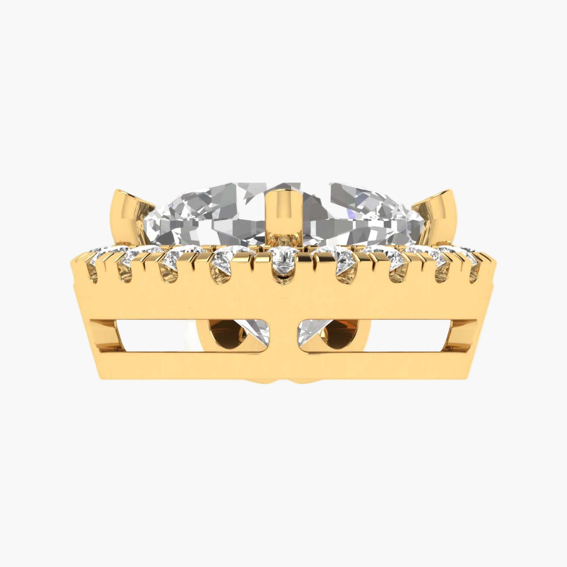 Gold ring with a large central gemstone and smaller stones on a white background