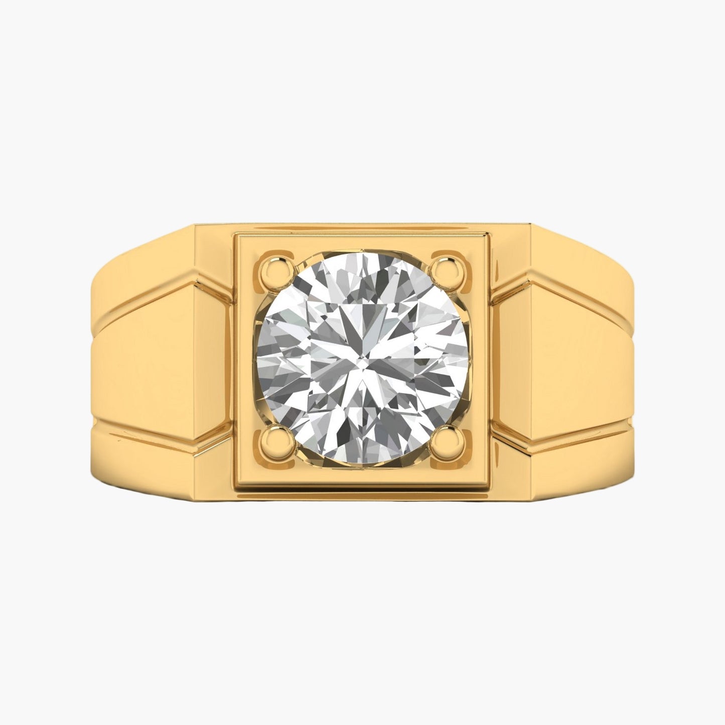 Gold ring with a large diamond on a white background