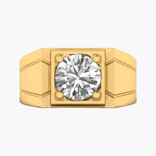 Gold ring with a large diamond on a white background