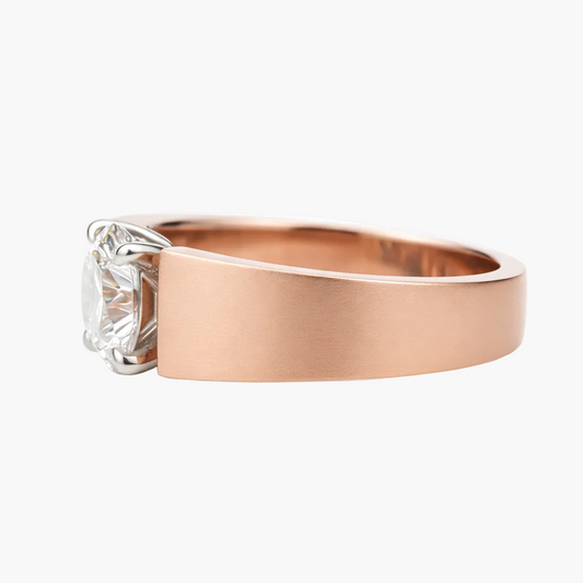 Rose gold ring with a diamond on a white background