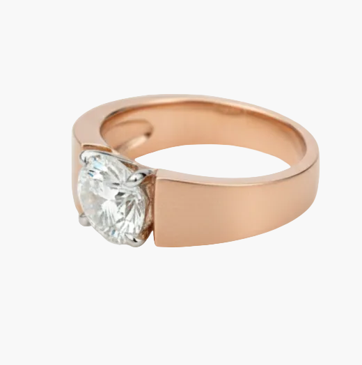 Rose gold ring with a diamond on a white background