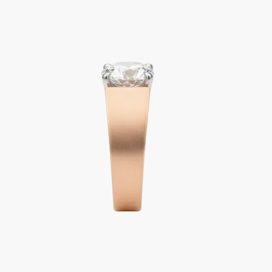 Rose gold ring with a diamond on a white background