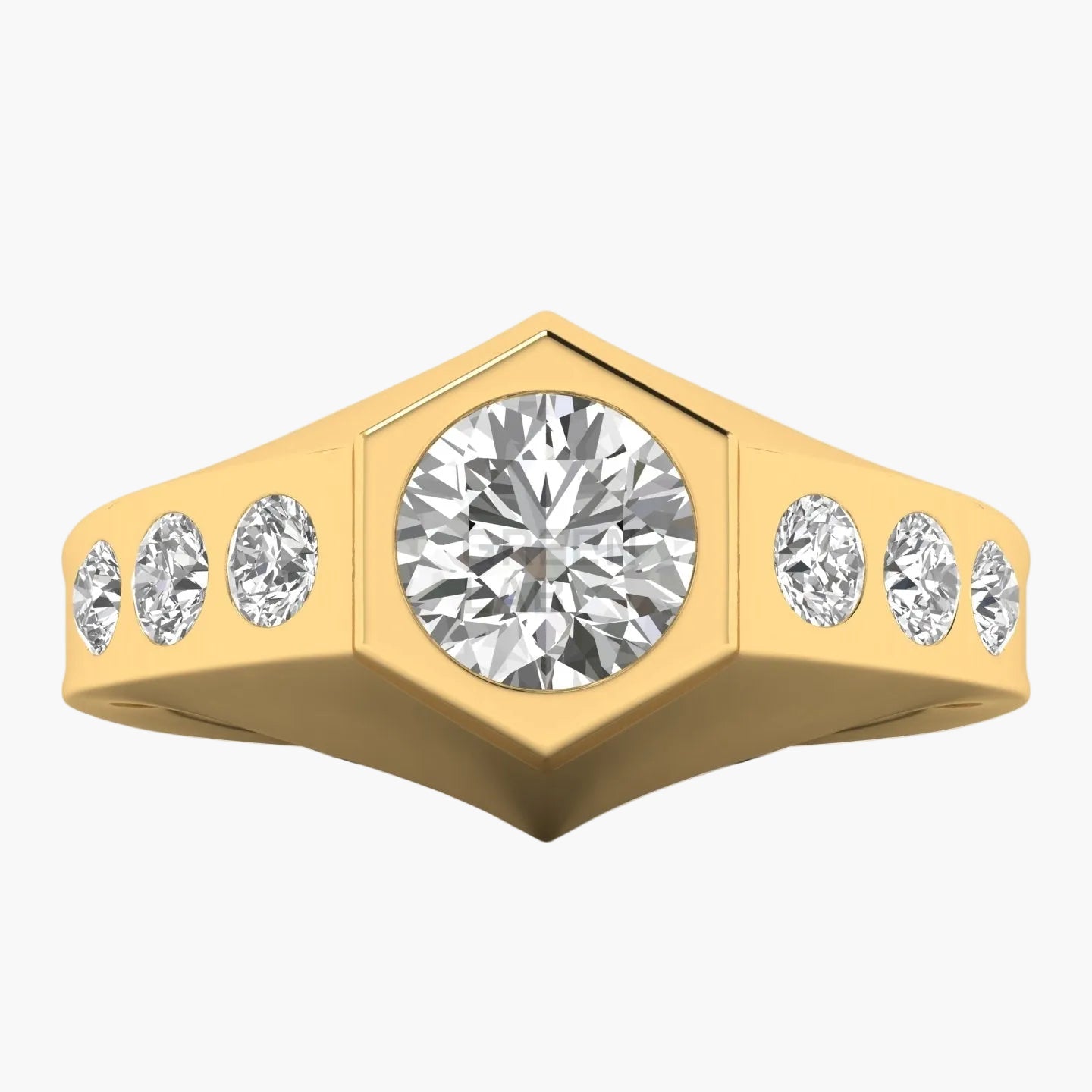 Gold ring with central diamond and smaller diamonds on a white background