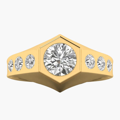 Gold ring with central diamond and smaller diamonds on a white background