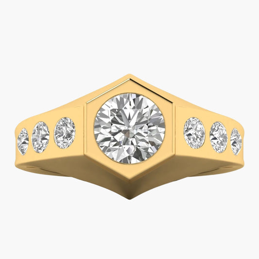 Gold ring with central diamond and smaller diamonds on a white background