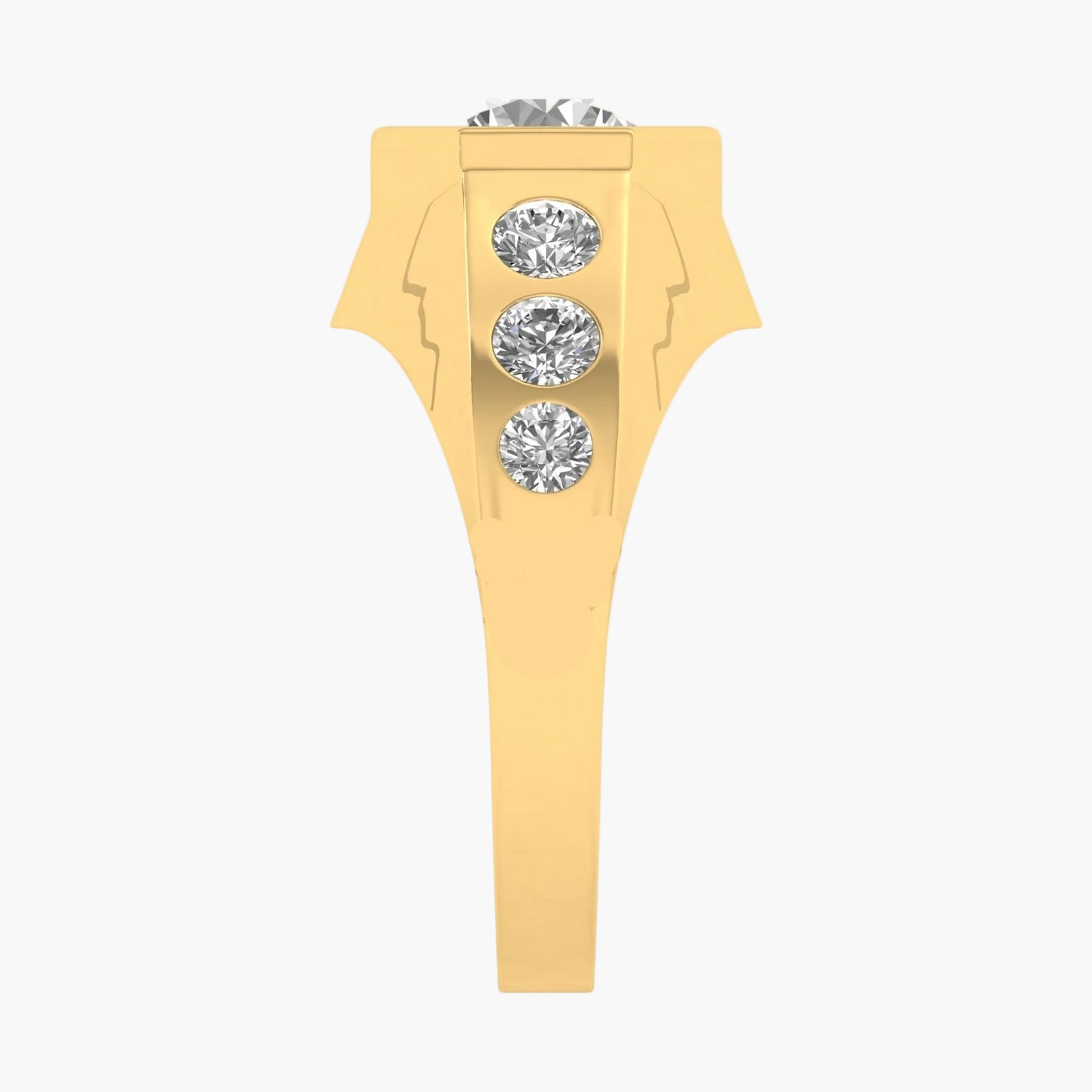 Gold earring with three diamonds on a white background