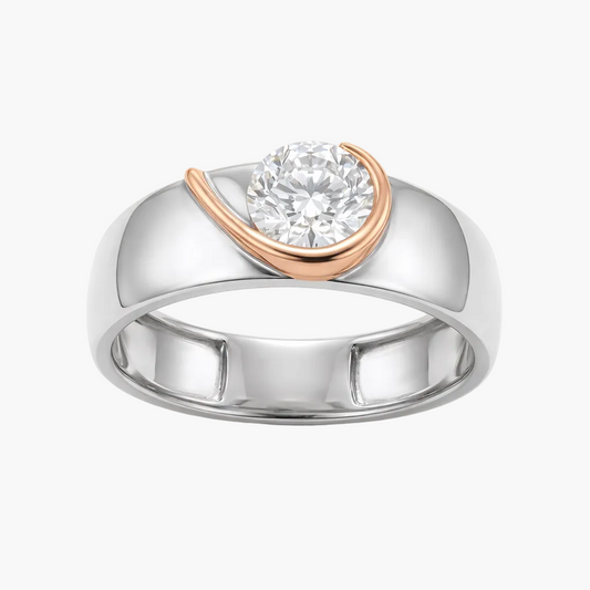 Silver ring with rose gold accent and diamond on a white background