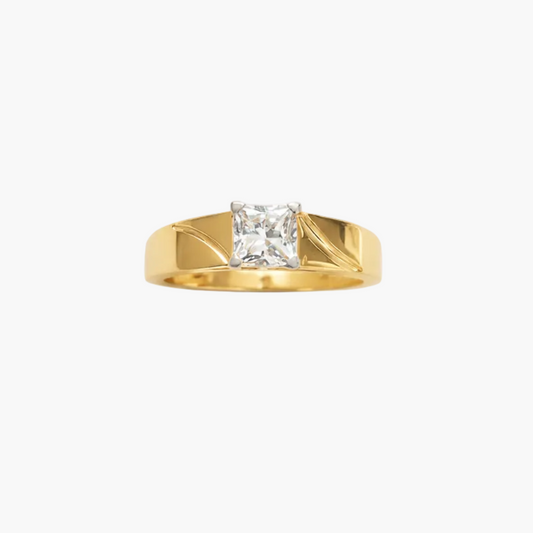 Gold ring with a diamond on a white background