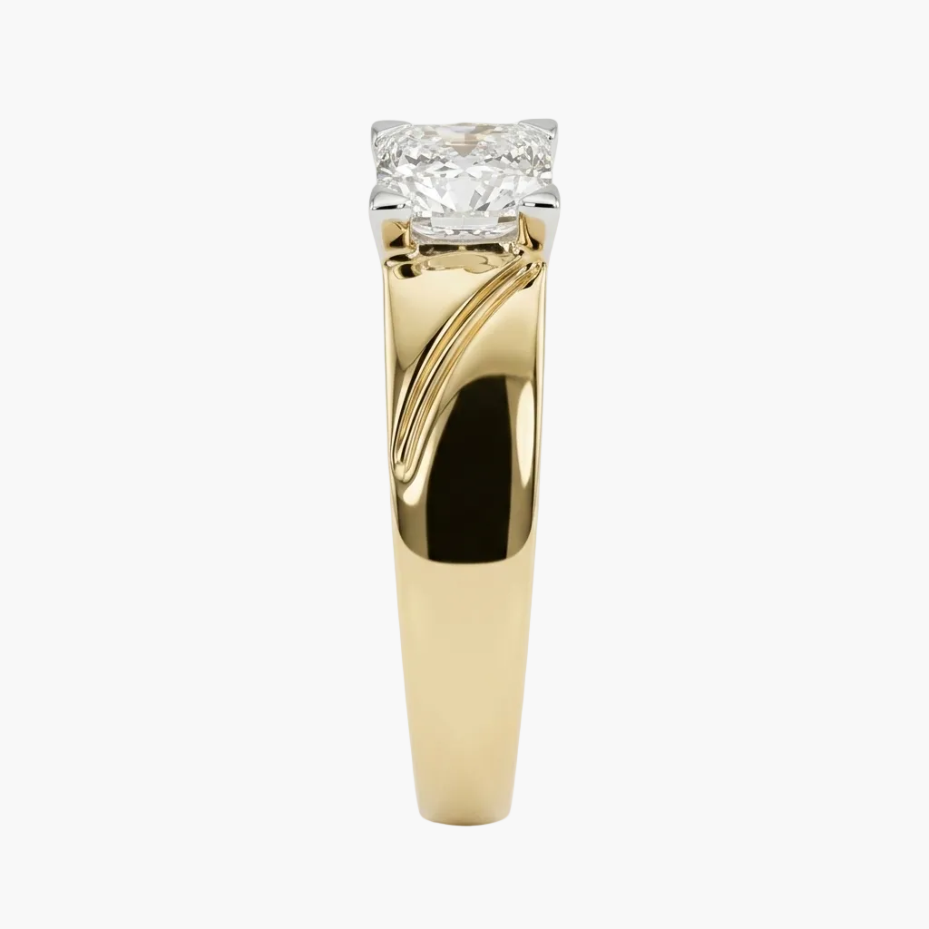 Gold ring with a diamond on a white background