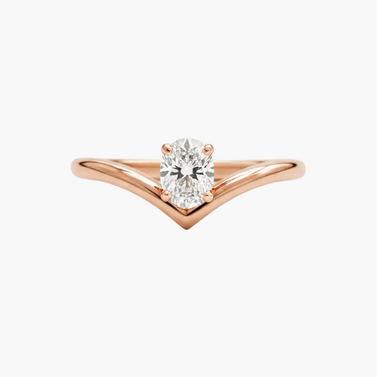 Rose gold ring with a diamond on a white background